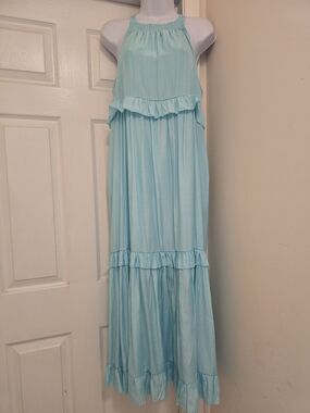 Light Blue Ruffle Halter Maxi Dress